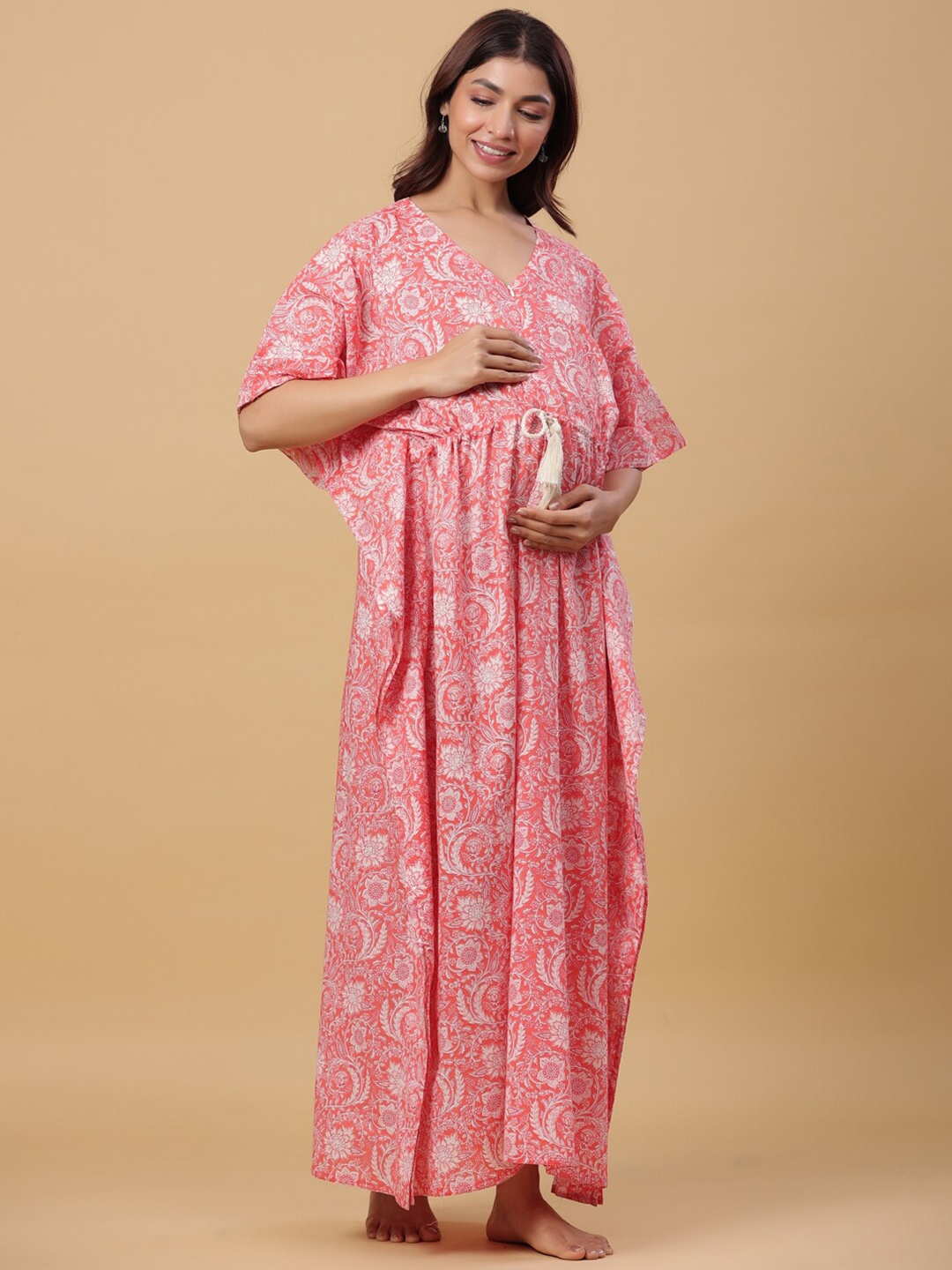 

Ikk Kudi by Seerat Floral Printed Maternity Kaftan Maxi Pure Cotton Dress, Pink