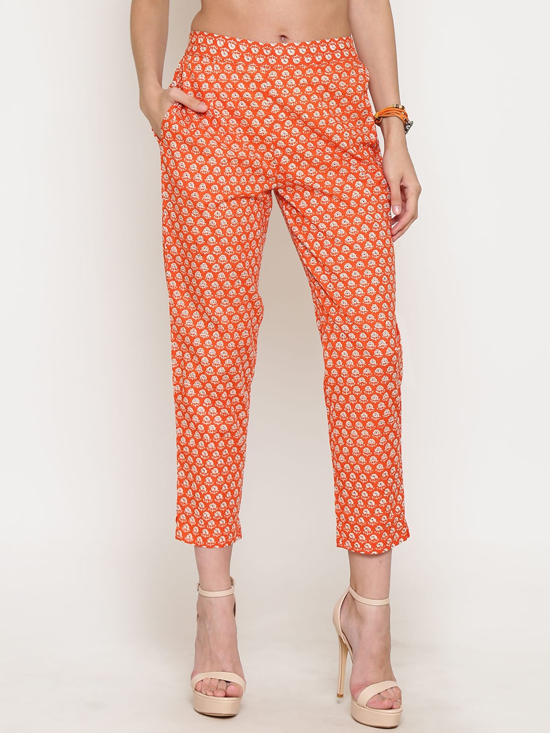 

Sera Women Cotton Ethnic Motifs Printed Straight Fit Pleated Trousers, Orange