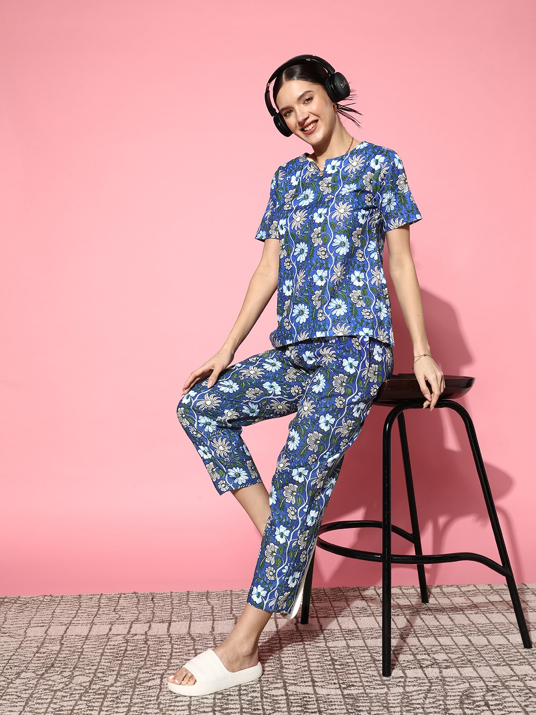 

SANSKRUTIHOMES Printed Pure Cotton Top With Trousers, Blue