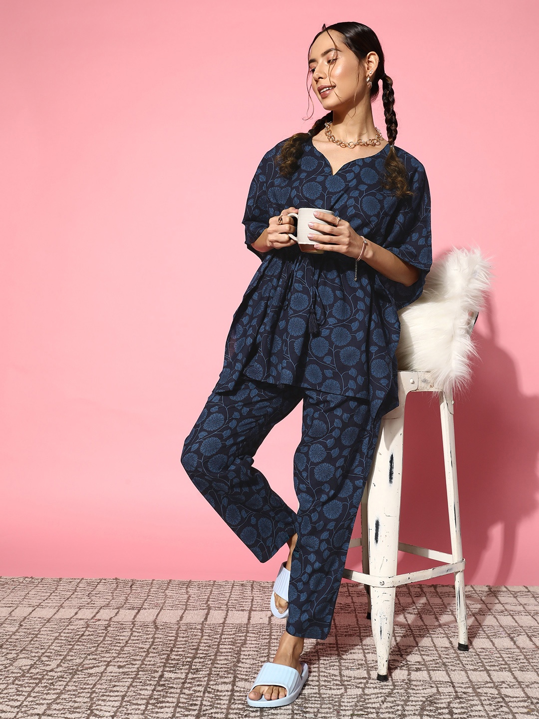 

SANSKRUTIHOMES Printed Pure Cotton Tunic With Trousers, Navy blue