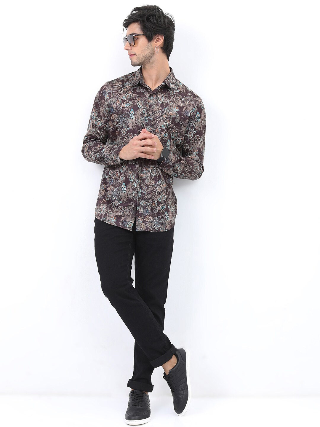 

HIGHLANDER Men Slim Fit Ethnic Motif Printed Casual Shirt, Maroon