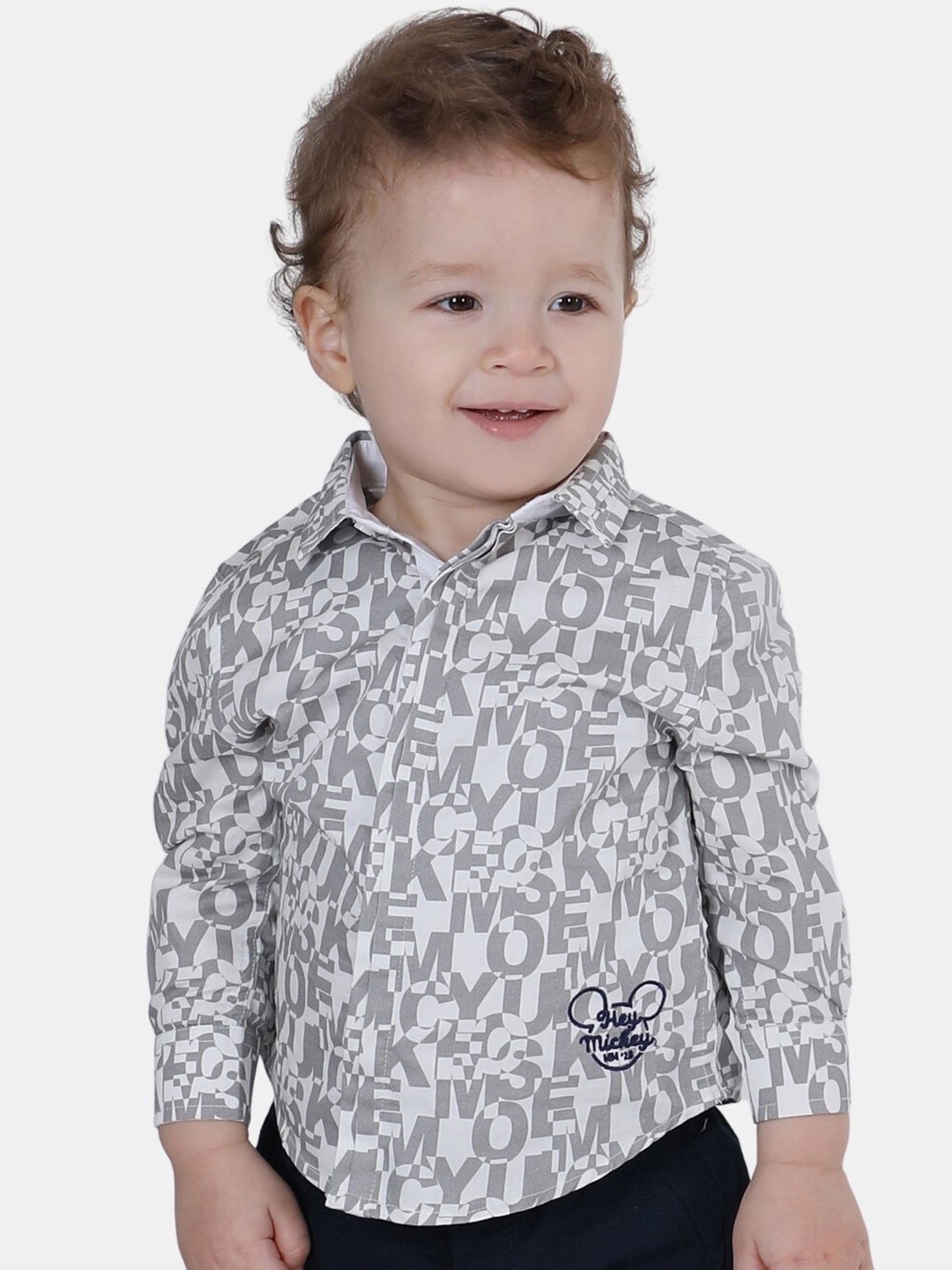 

One Friday Boys Typography Printed Mickey Mouse Casual Pure Cotton Shirt, Grey