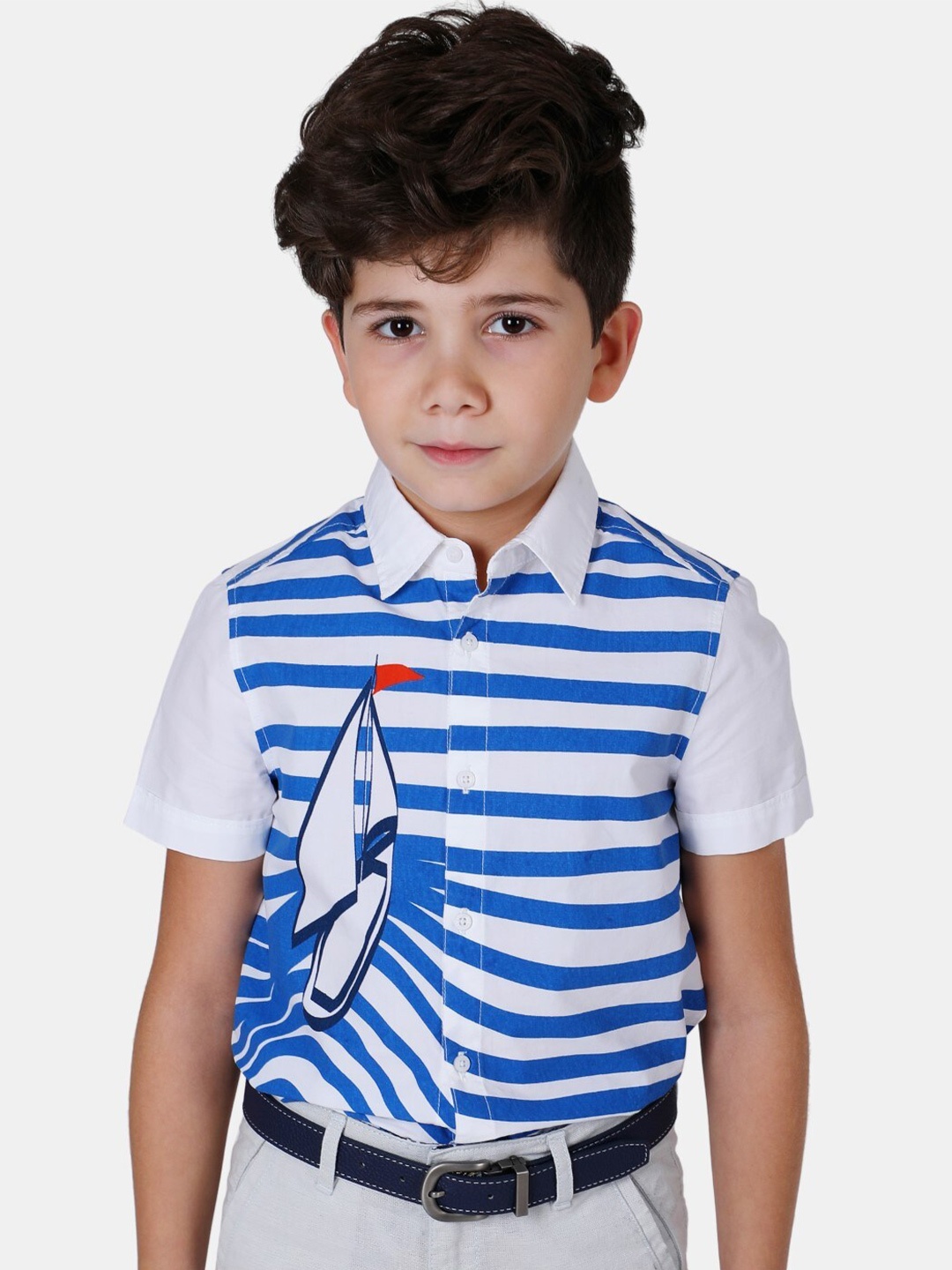 

One Friday Boys Horizontal Stripes Casual Pure Cotton Shirt, Blue