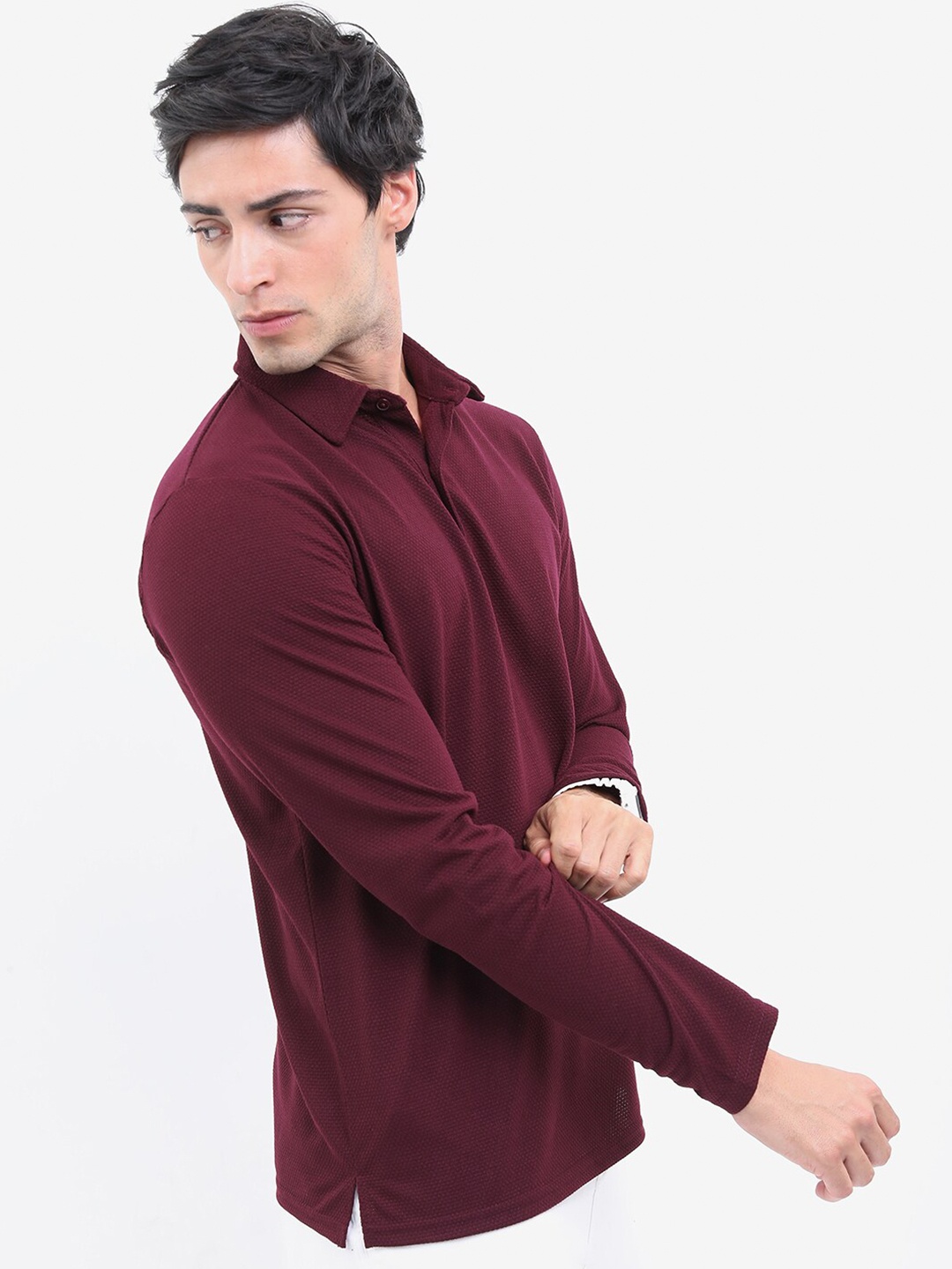 

HIGHLANDER Men Polo Collar Popcorn Structured Regular Fit T-shirt, Burgundy