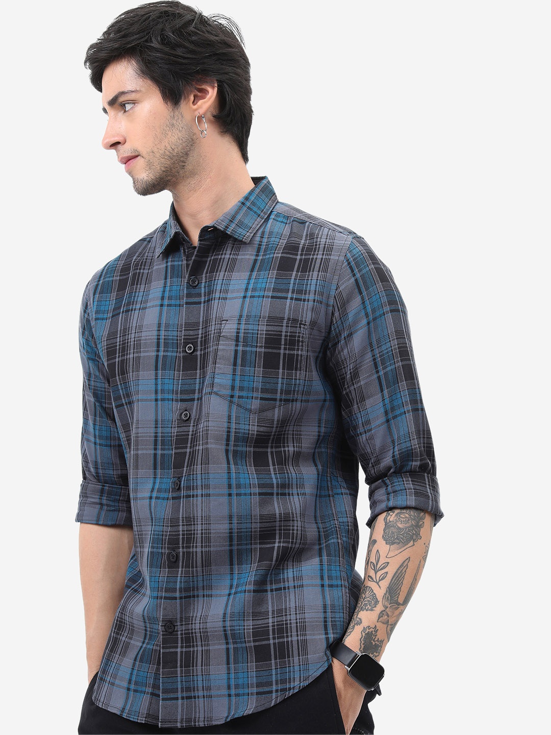 

HIGHLANDER Men Slim Fit Tartan Checks Casual Shirt, Grey