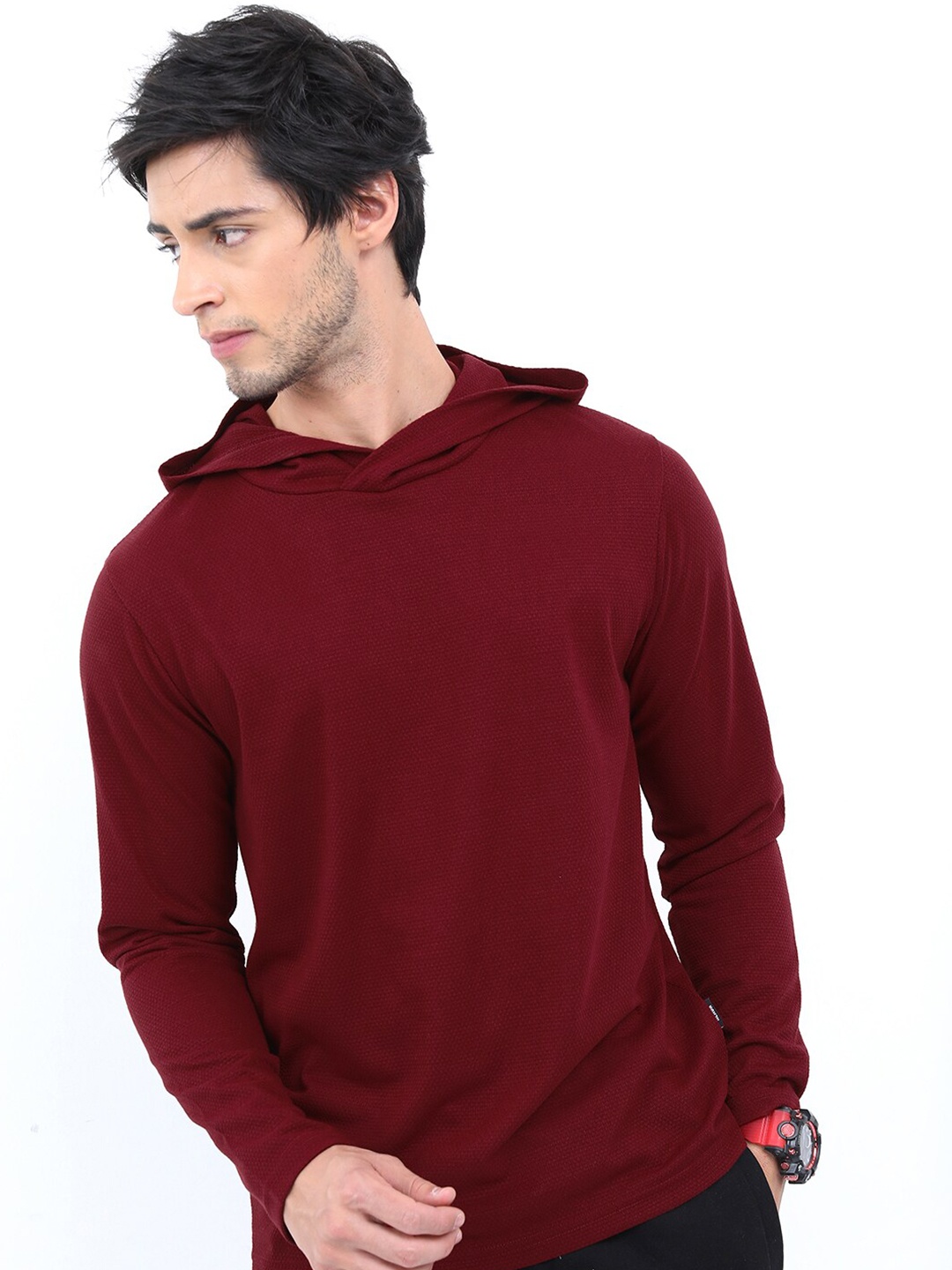 

HIGHLANDER Men Popcorn Structured Hooded T-shirt, Maroon