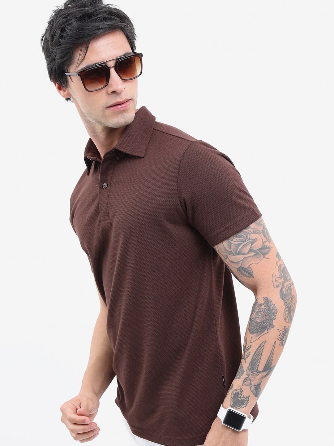 

HIGHLANDER Men Popcorn Structured Polo Neck T-shirt, Coffee brown