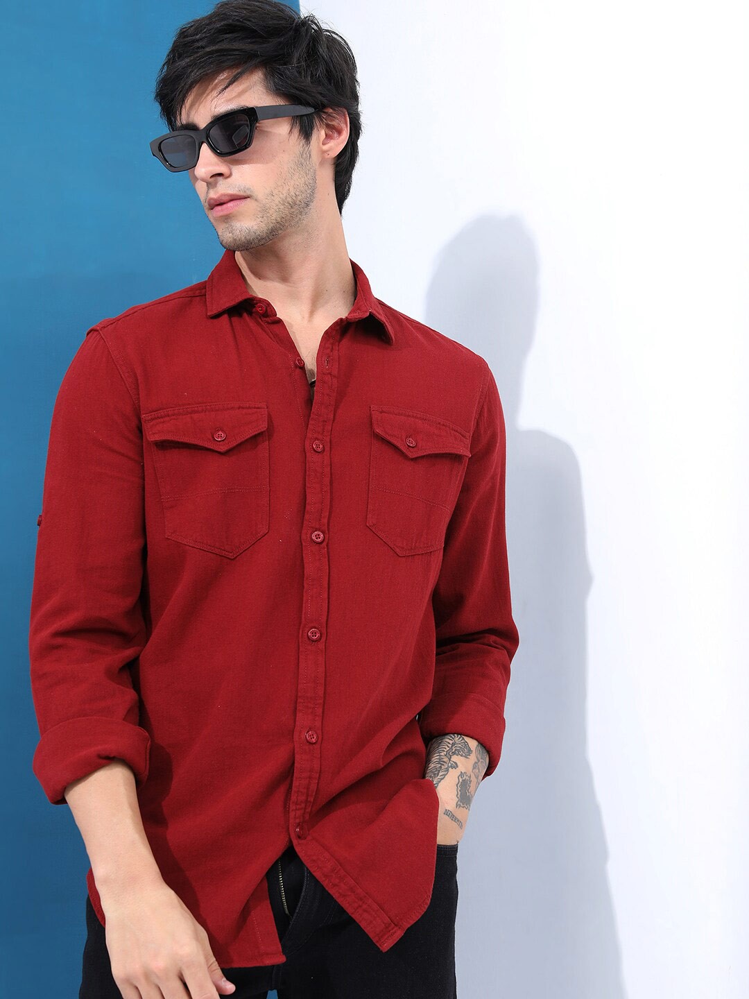 

HIGHLANDER Men Spread Collar Slim Fit Casual Shirt, Maroon