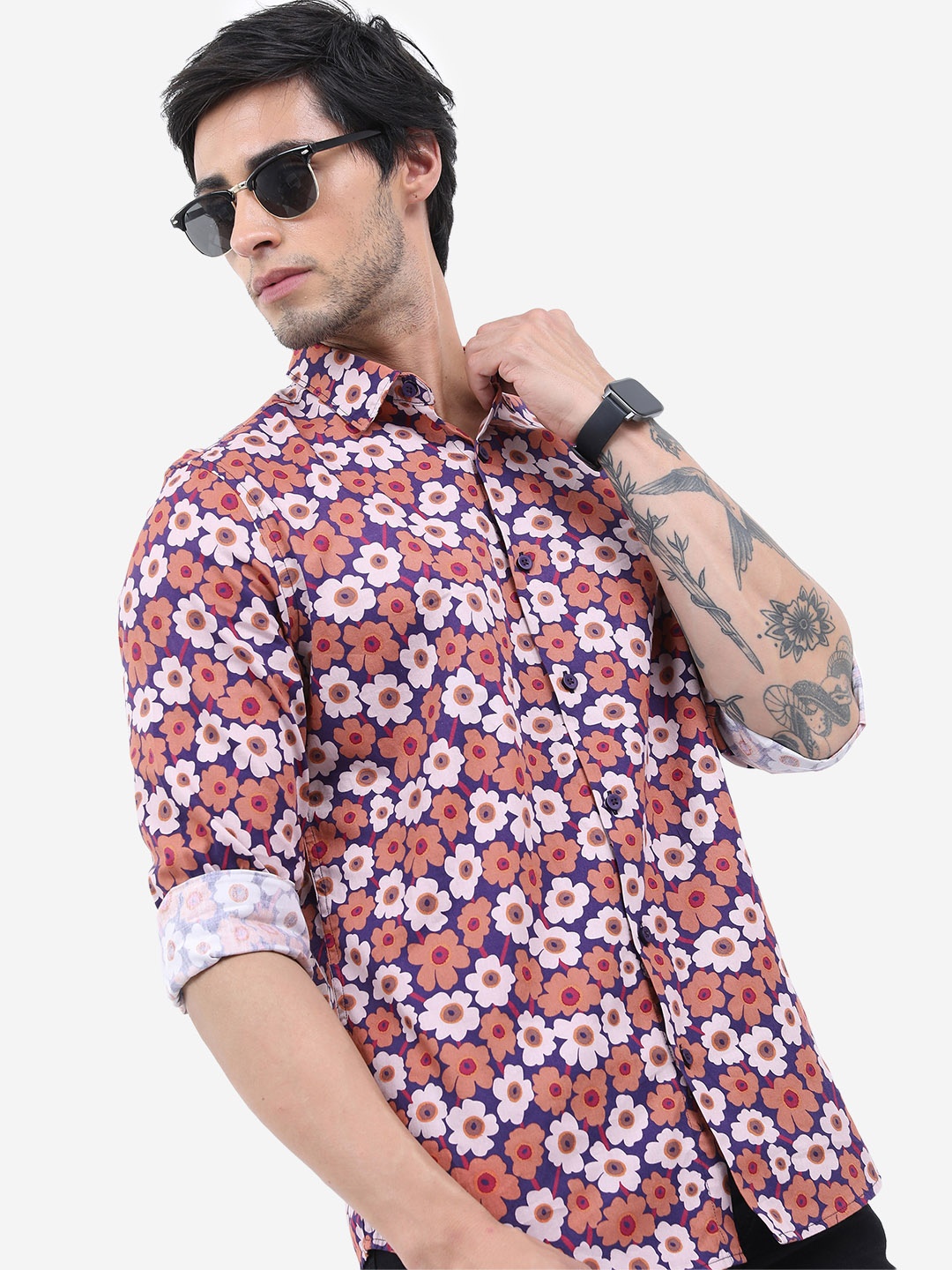 

HIGHLANDER Men Floral Printed Slim Fit Casual Cotton Shirt, Rust
