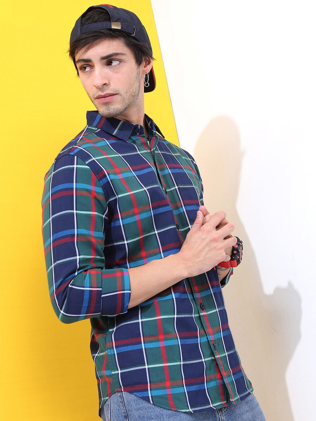 

HIGHLANDER Men Slim Fit Checked Casual Shirt, Navy blue