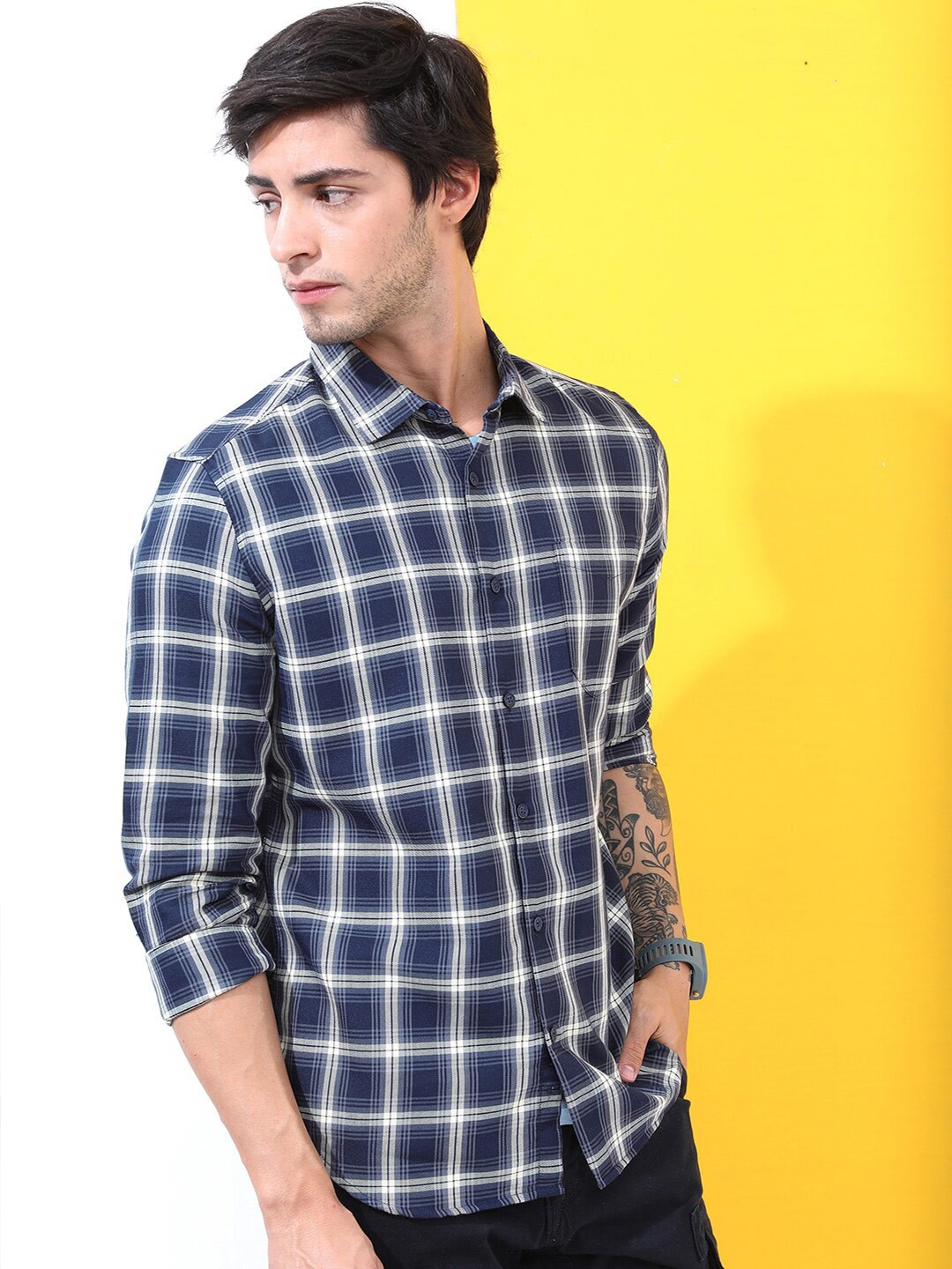 

HIGHLANDER Men Tartan Checks Cotton Casual Shirt, Blue