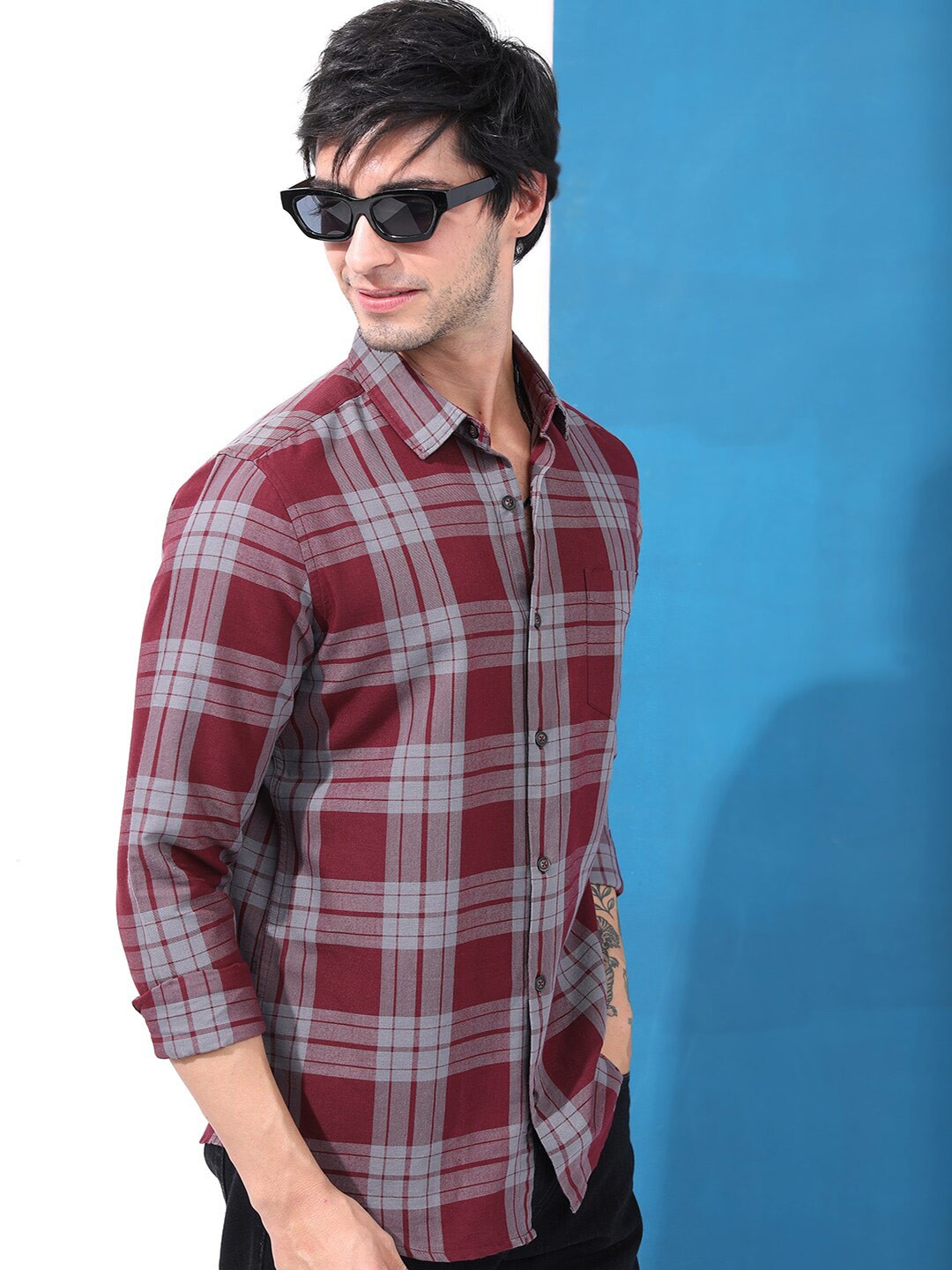 

HIGHLANDER Men Slim Fit Tartan Checks Casual Shirt, Maroon