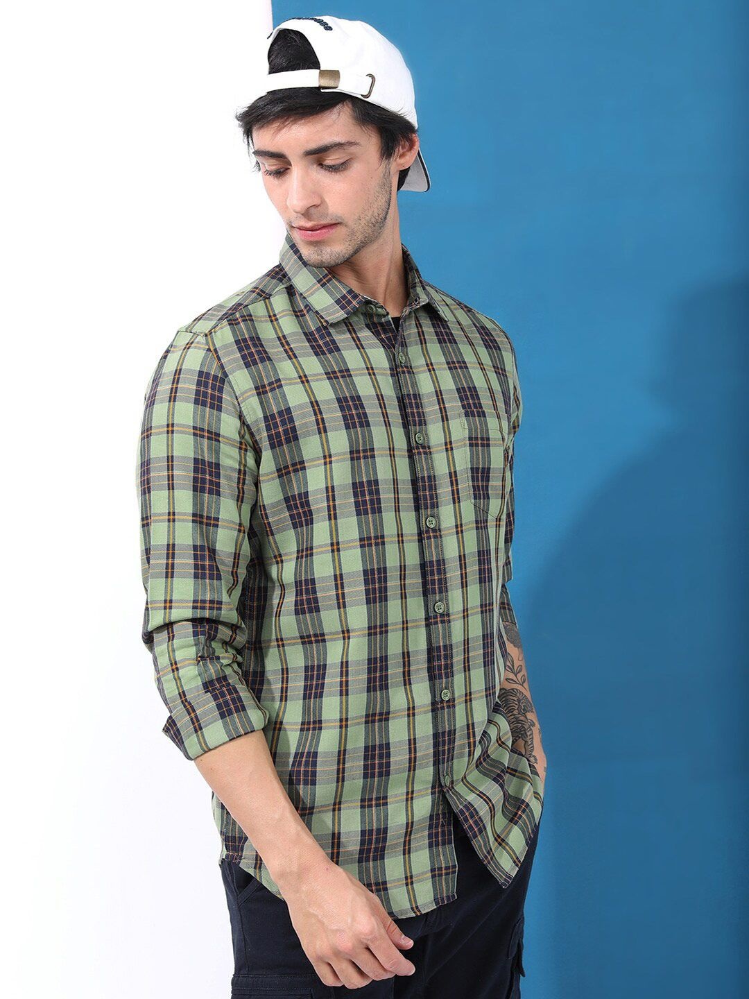 

HIGHLANDER Men Slim Fit Tartan Checked Cotton Casual Shirt, Green