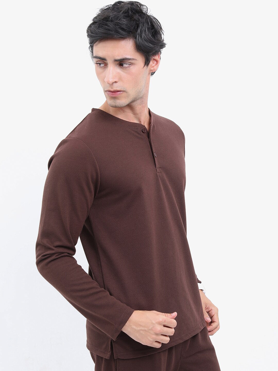 

HIGHLANDER Henley Neck Popcorn Structured Regular Fit Tshirt, Coffee brown