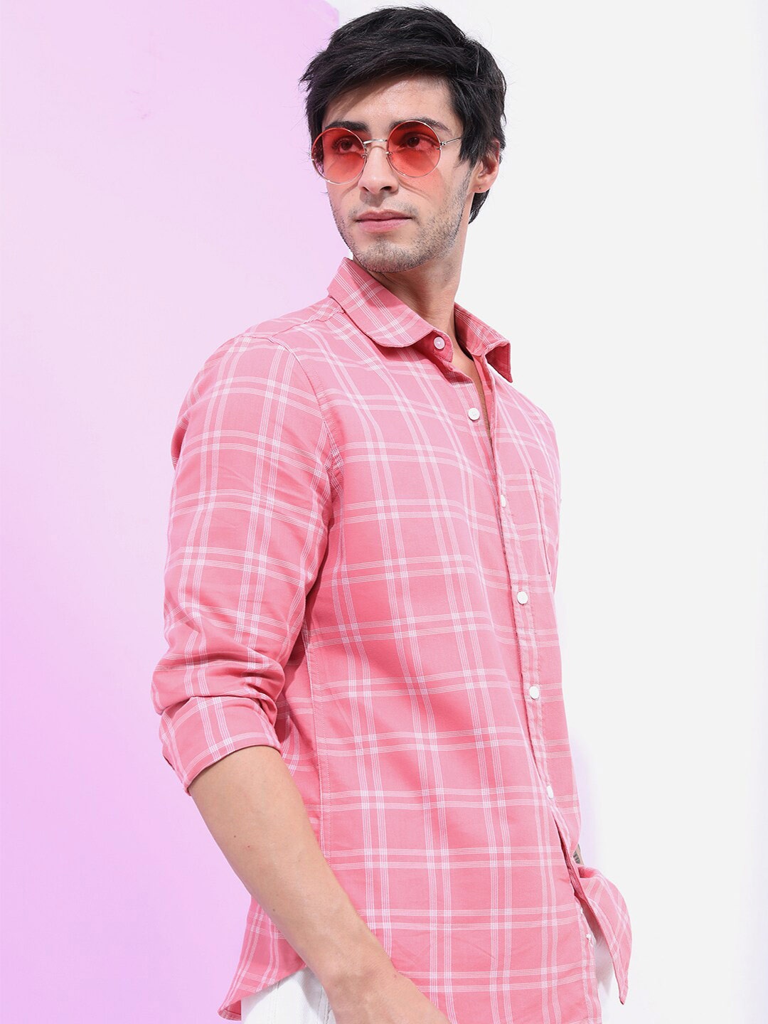 

HIGHLANDER Men Checked Slim Fit Casual Shirt, Pink