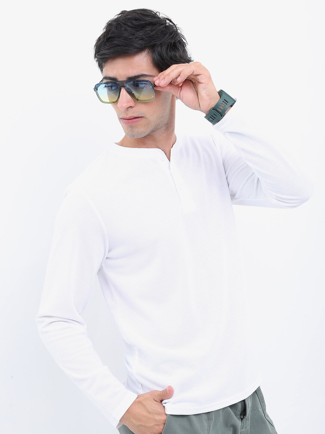 

HIGHLANDER Men Popcorn Structured Henley Neck T-shirt, White