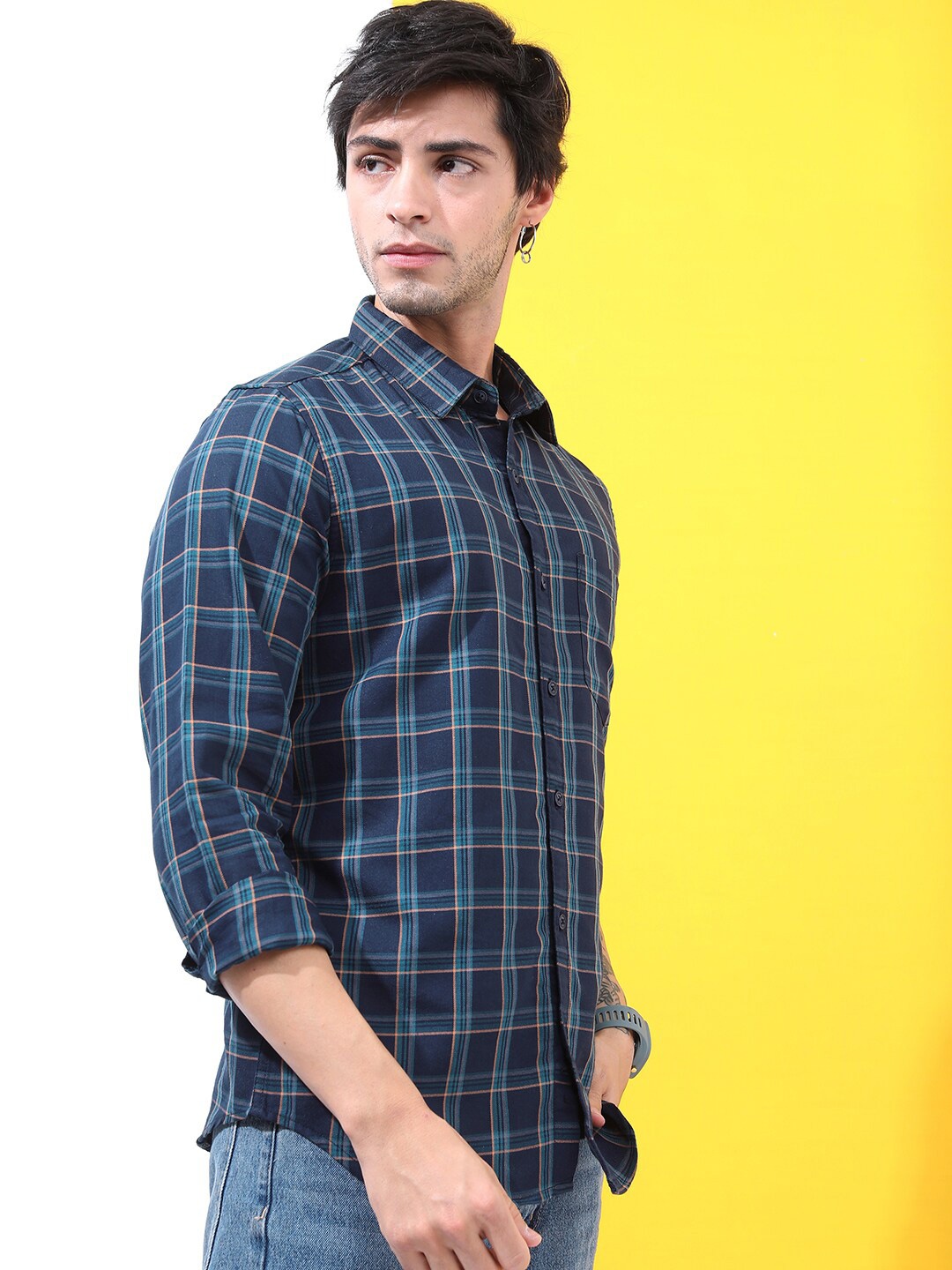 

HIGHLANDER Slim Fit Checked Casual Shirt, Navy blue