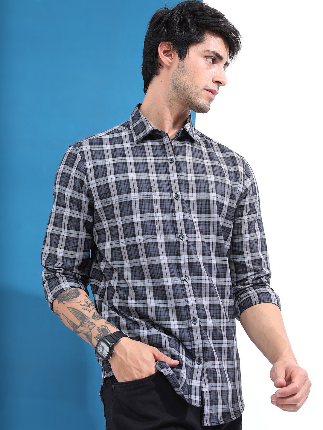 

HIGHLANDER Slim Fit Tartan Checks Checked Casual Shirt, Grey