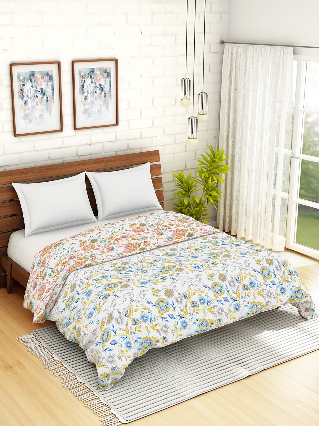 

SPACES Blue & White Floral AC Room 150 GSM Pure Cotton Double Bed Quilt