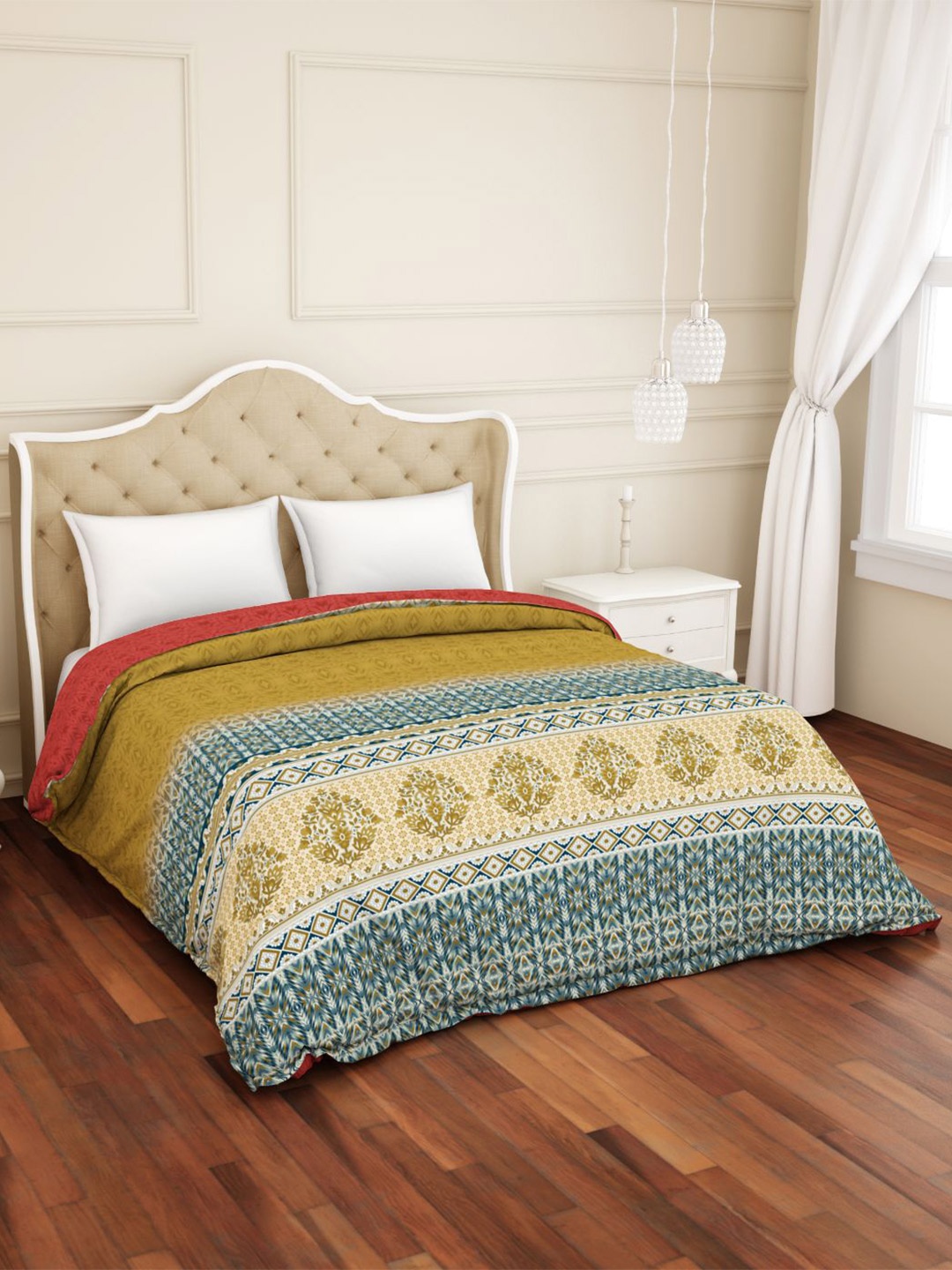 

SPACES Yellow & Blue Ethnic Motifs AC Room 210 GSM Pure Cotton Double Bed Quilt