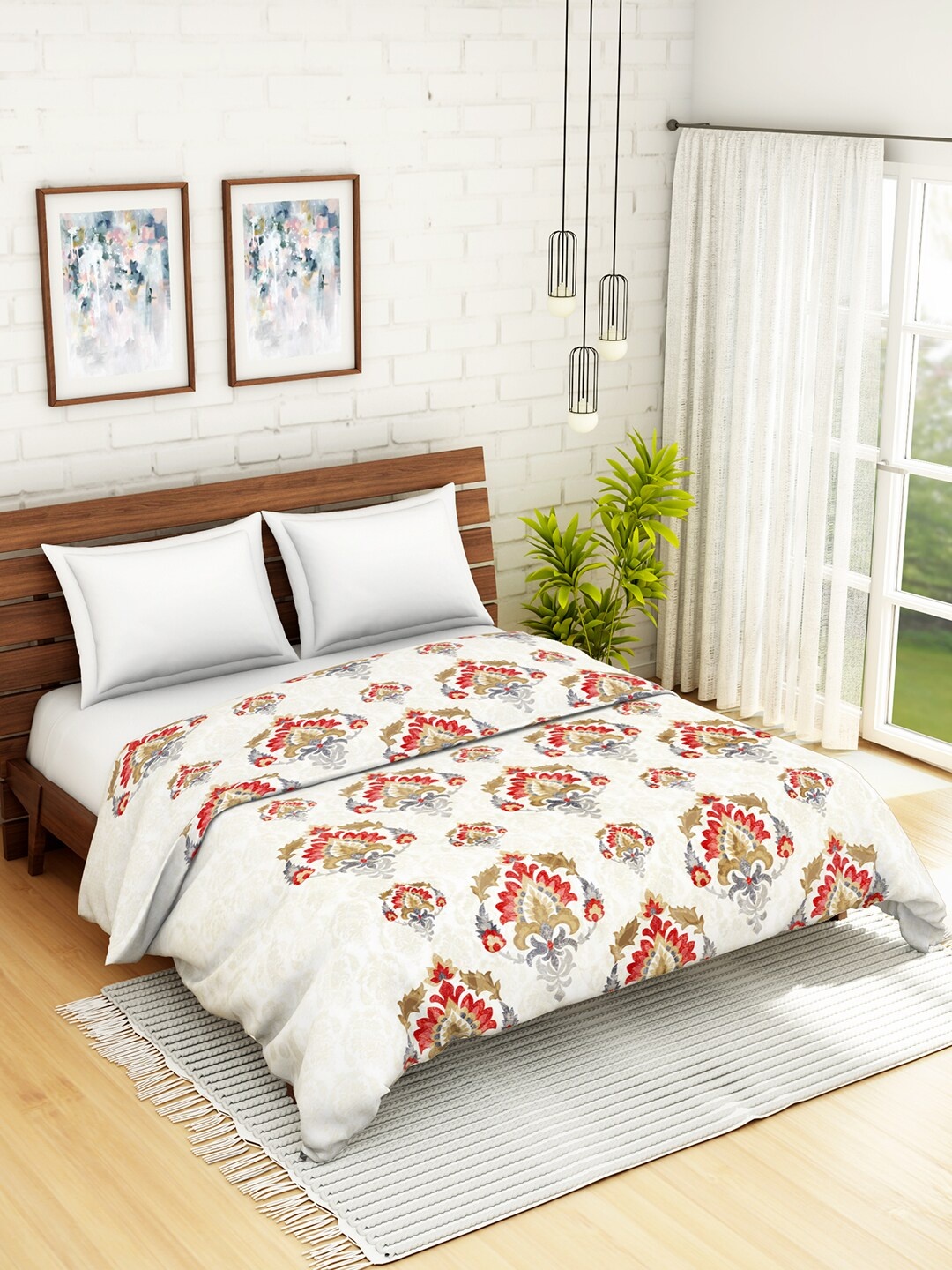 

SPACES Red & White Ethnic Motifs AC Room 150 GSM Pure Cotton Double Bed Quilt