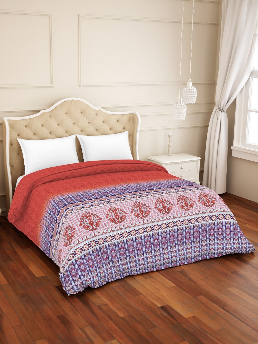 

SPACES Red & Blue Ethnic Motifs AC Room 210 GSM Pure Cotton Double Bed Quilt