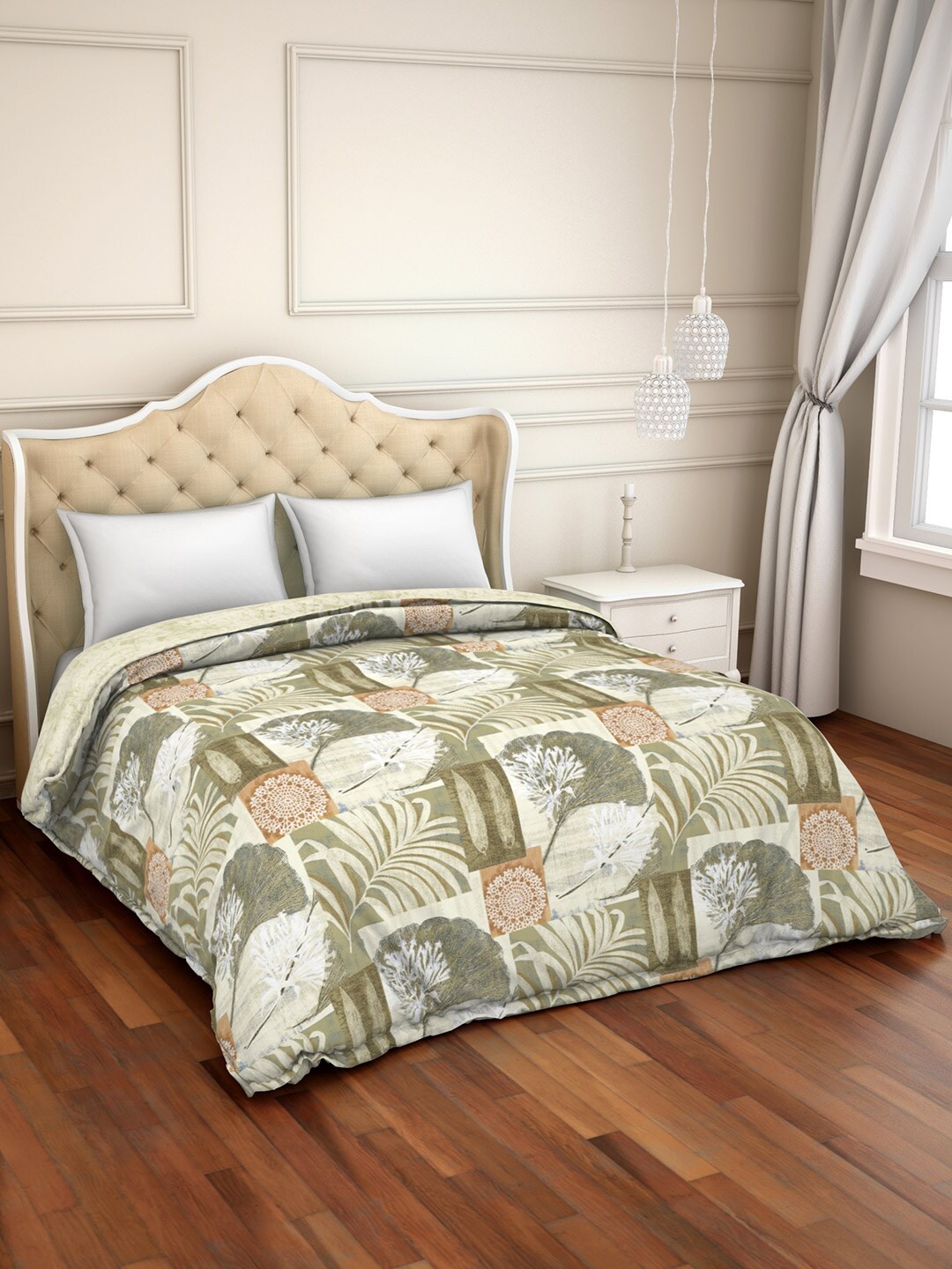 

SPACES Beige & Brown Floral AC Room 150 GSM Pure Cotton Double Bed Quilt