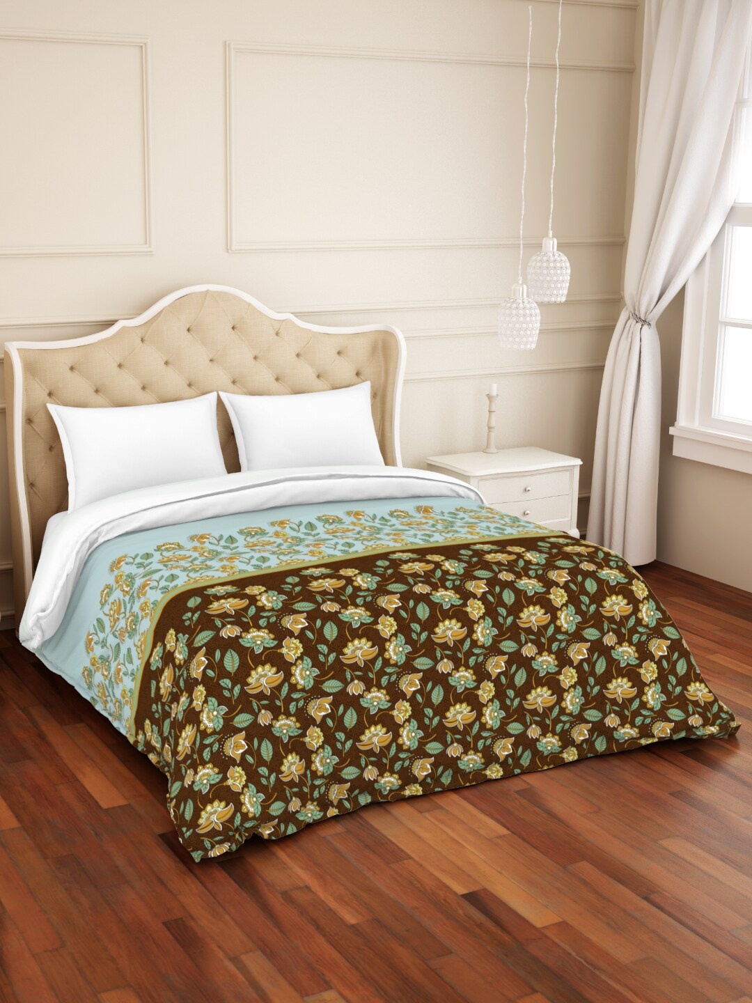 

SPACES Atrium Plus Ecom Brown & Yellow Floral AC Room 210 GSM Pure Cotton Double Bed Quilt