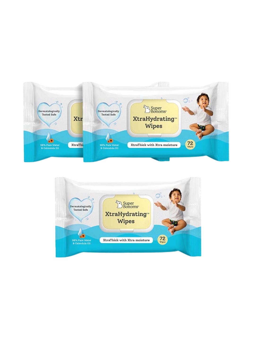 

SuperBottoms Kids Set of 3 XtraHydrating Baby Wipes with 98% Pure Water - 72 Wipes each, White