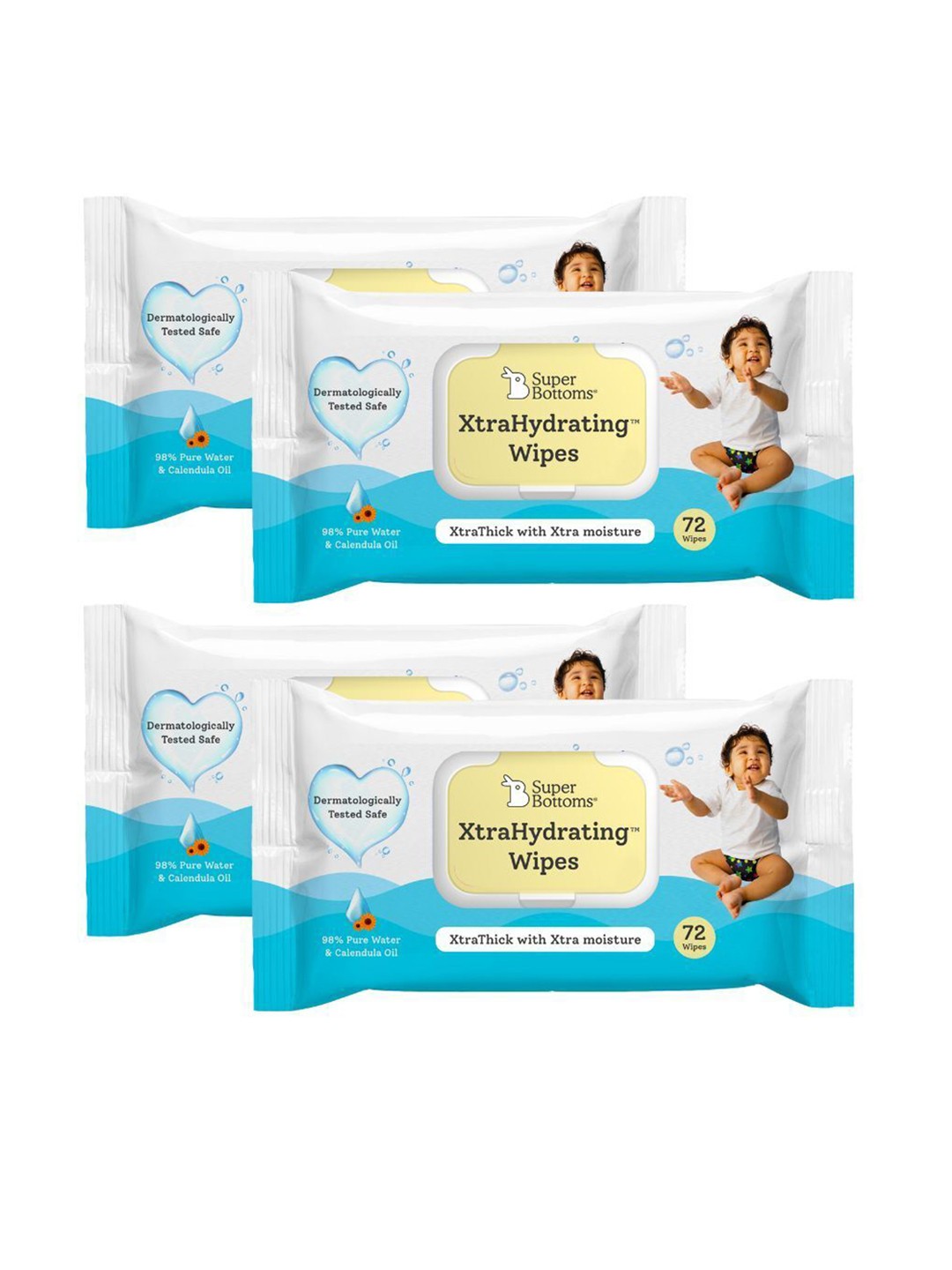 

SuperBottoms Kids Set of 4 XtraHydrating Baby Wipes with 98% Pure Water - 72 Wipes each, White
