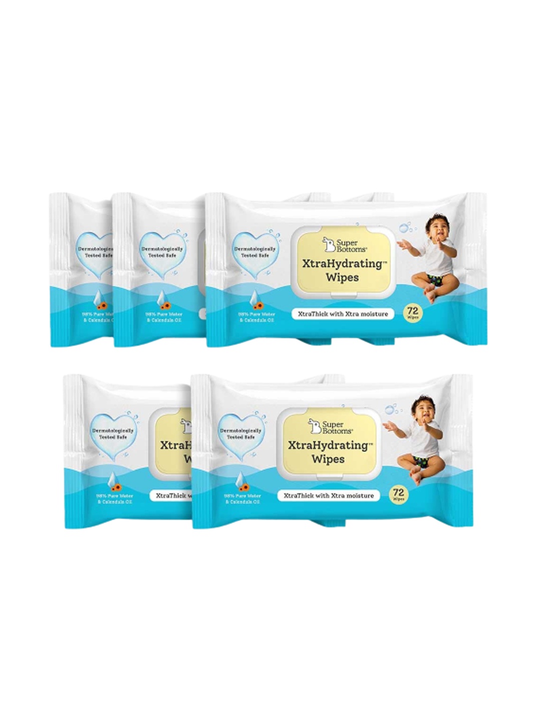 

SuperBottoms Kids Set of 5 XtraHydrating Baby Wipes with 98% Pure Water - 72 Wipes each, White