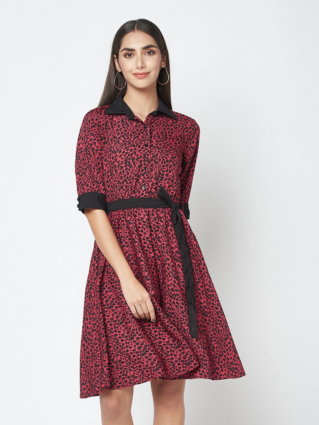 

SQew Printed Shirt Collar Shirt Dress, Red