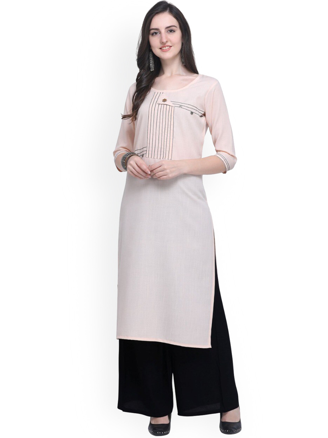 

SAPTRANGI Women Yoke Design Thread Work Kurta with Palazzos, Peach