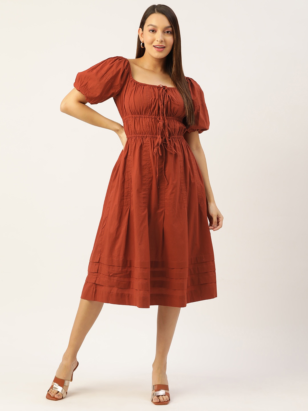 

MISRI Puff Sleeves Midi Dress With Tie-Up Detail, Rust