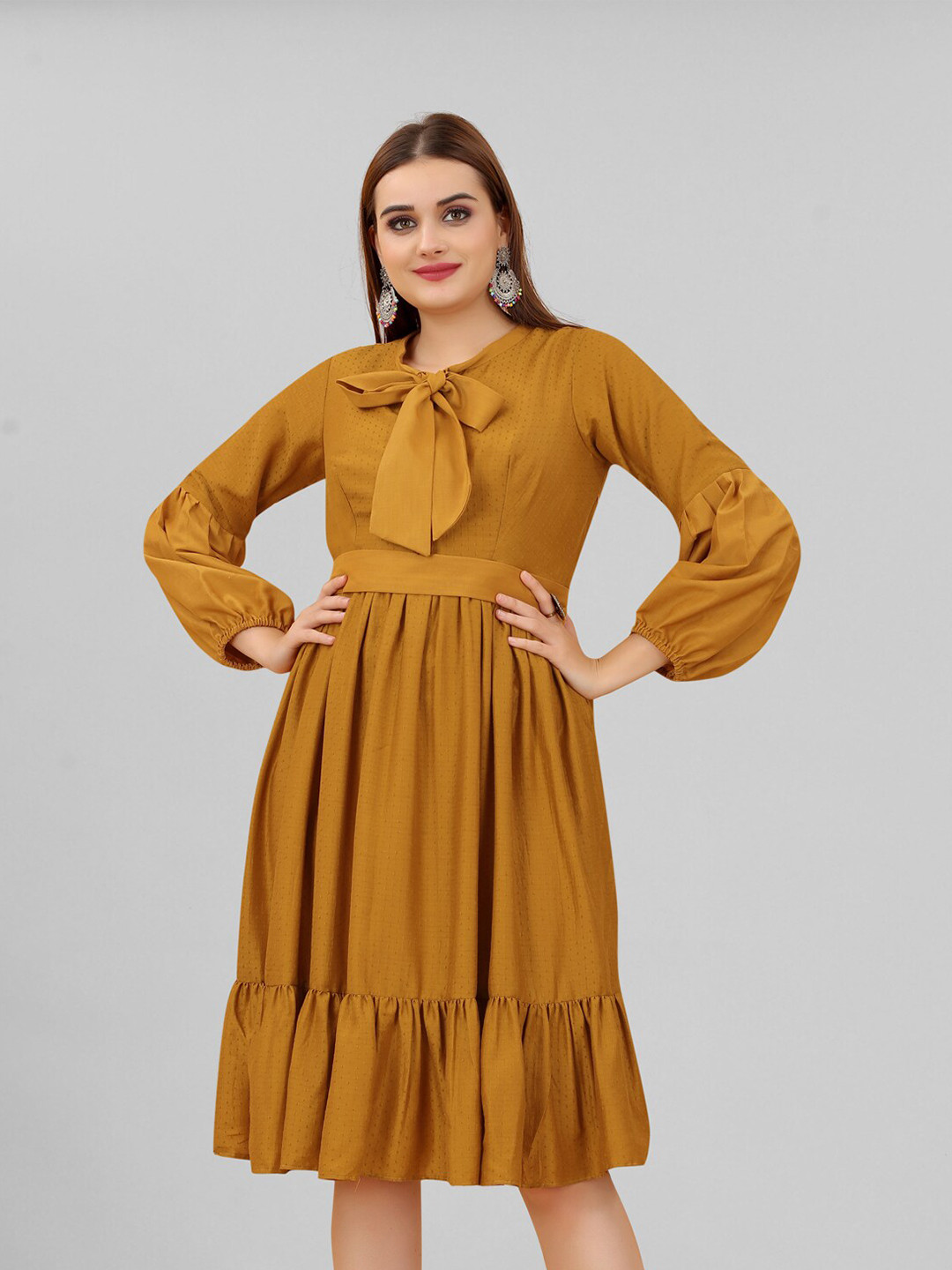 

MARGI DESIGNERS Tie-Up Neck Dress, Mustard