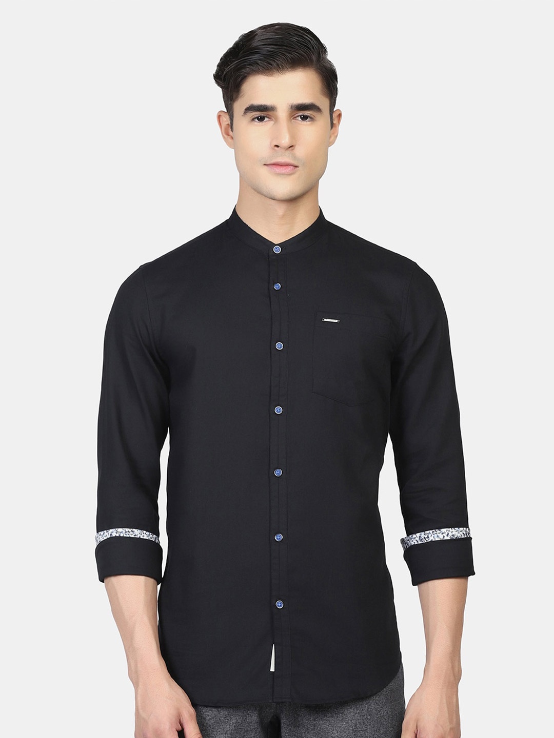 

Blackberrys Men Skinny Fit Band Collar Casual Cotton Shirt, Black