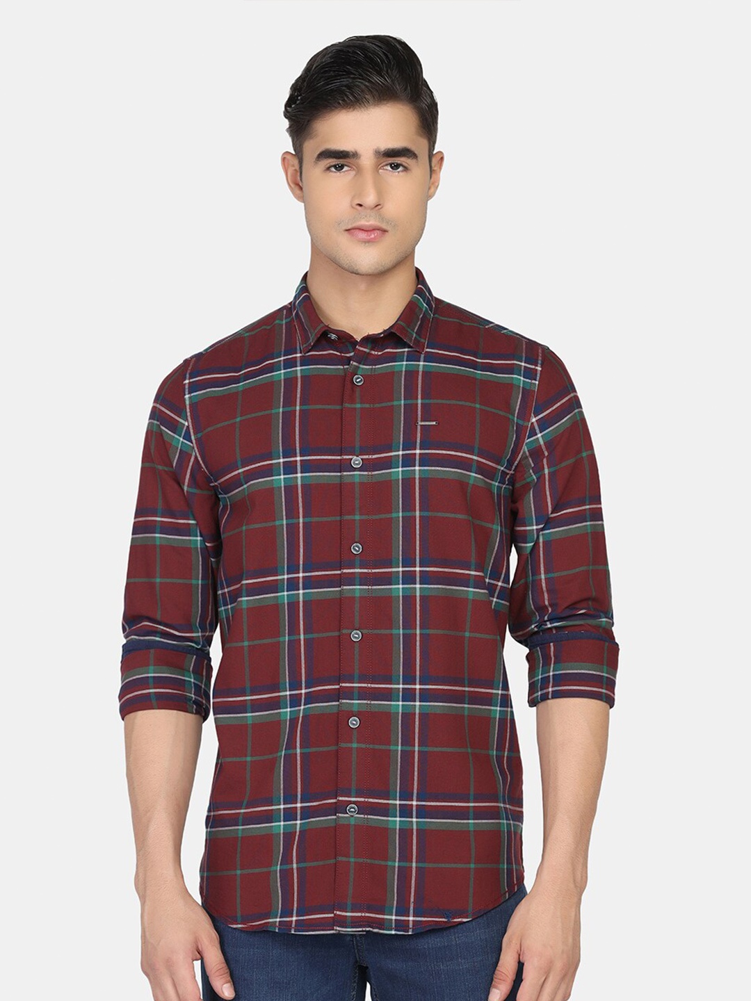 

Blackberrys Men Slim Fit Tartan Checks Checked Casual Cotton Shirt, Red