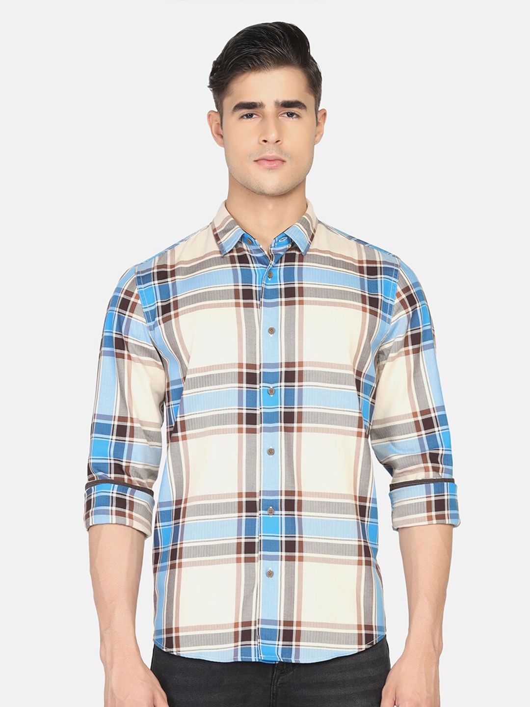 

Blackberrys Men Tartan Checks Cotton Casual Shirt, Beige