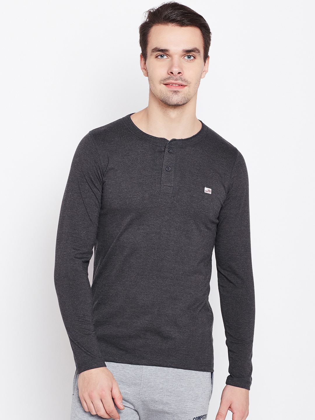 

Sweet Dreams Men Charcoal Grey Solid Henley Neck T-shirt