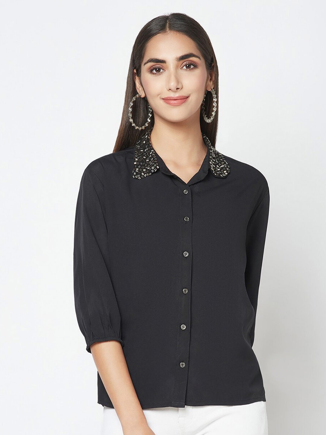 

SQew Shirt Collar Three-Quarter sleeves Shirt Style Top, Black