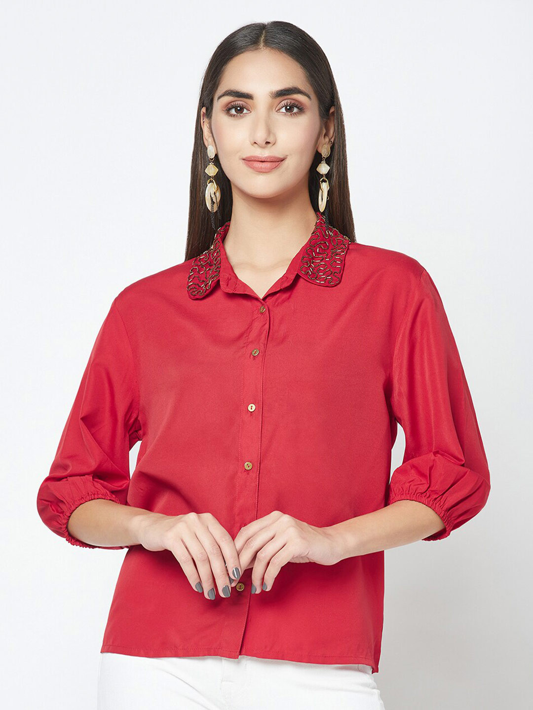 

SQew Women Spread Collar Shirt, Red