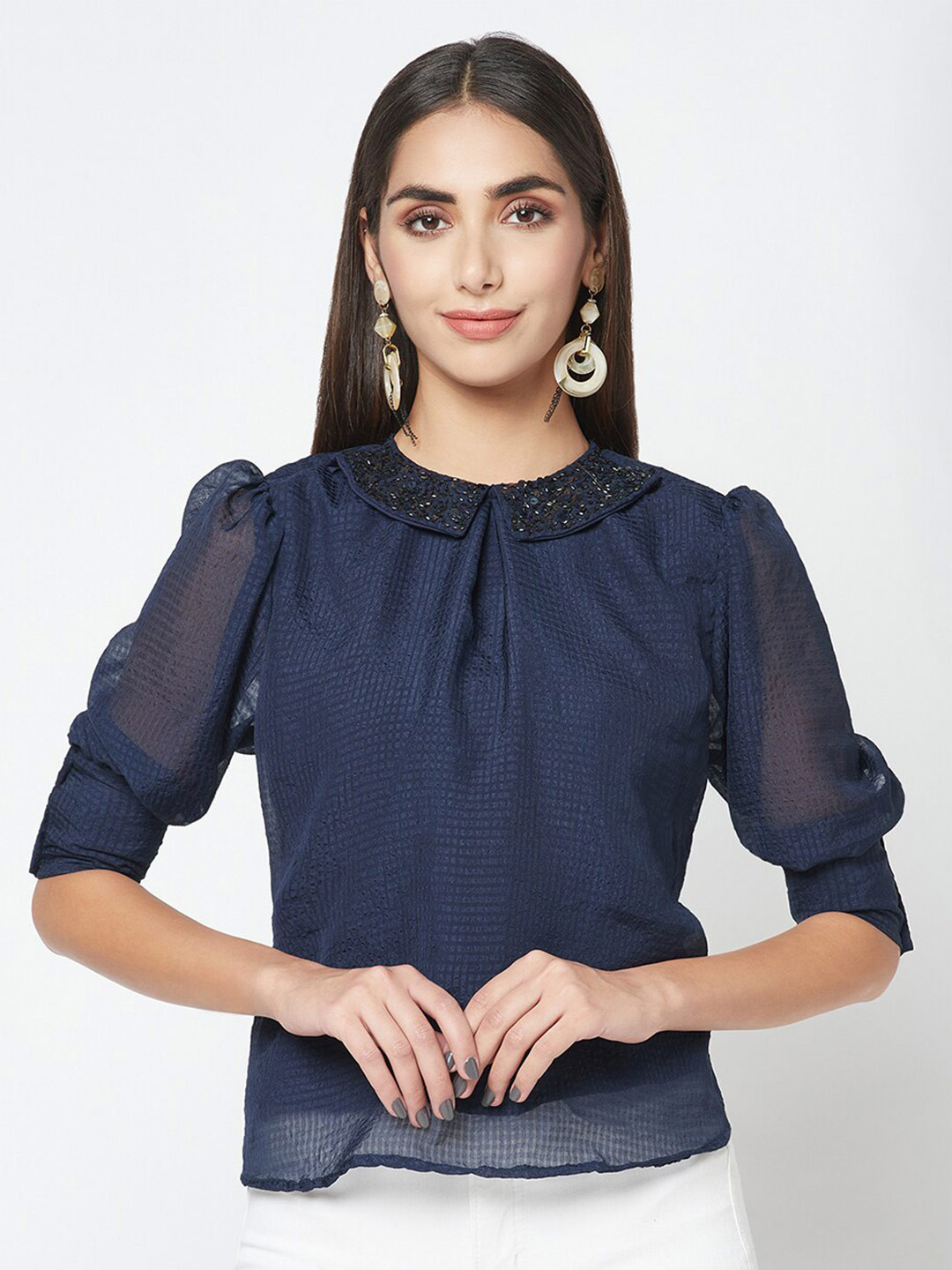 

SQew Checked Peter Pan Collar Top, Navy blue