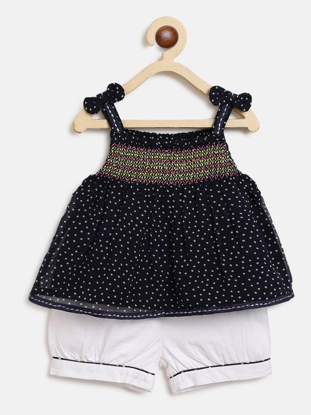 

Nauti Nati Girls Navy Blue & White Self Design Top with Pure Cotton Shorts