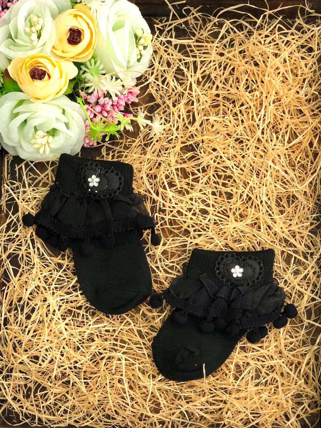 

N2S NEXT2SKIN Infant Girls Pack Of 3 Frill Cotton Ankle-Length Socks, Black