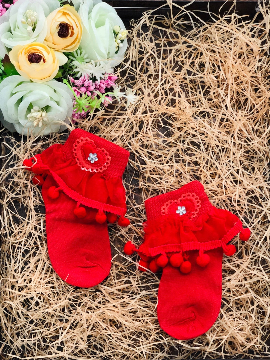 

N2S NEXT2SKIN Infant Girls Pack Of 3 Frill Cotton Ankle-Length Socks, Red