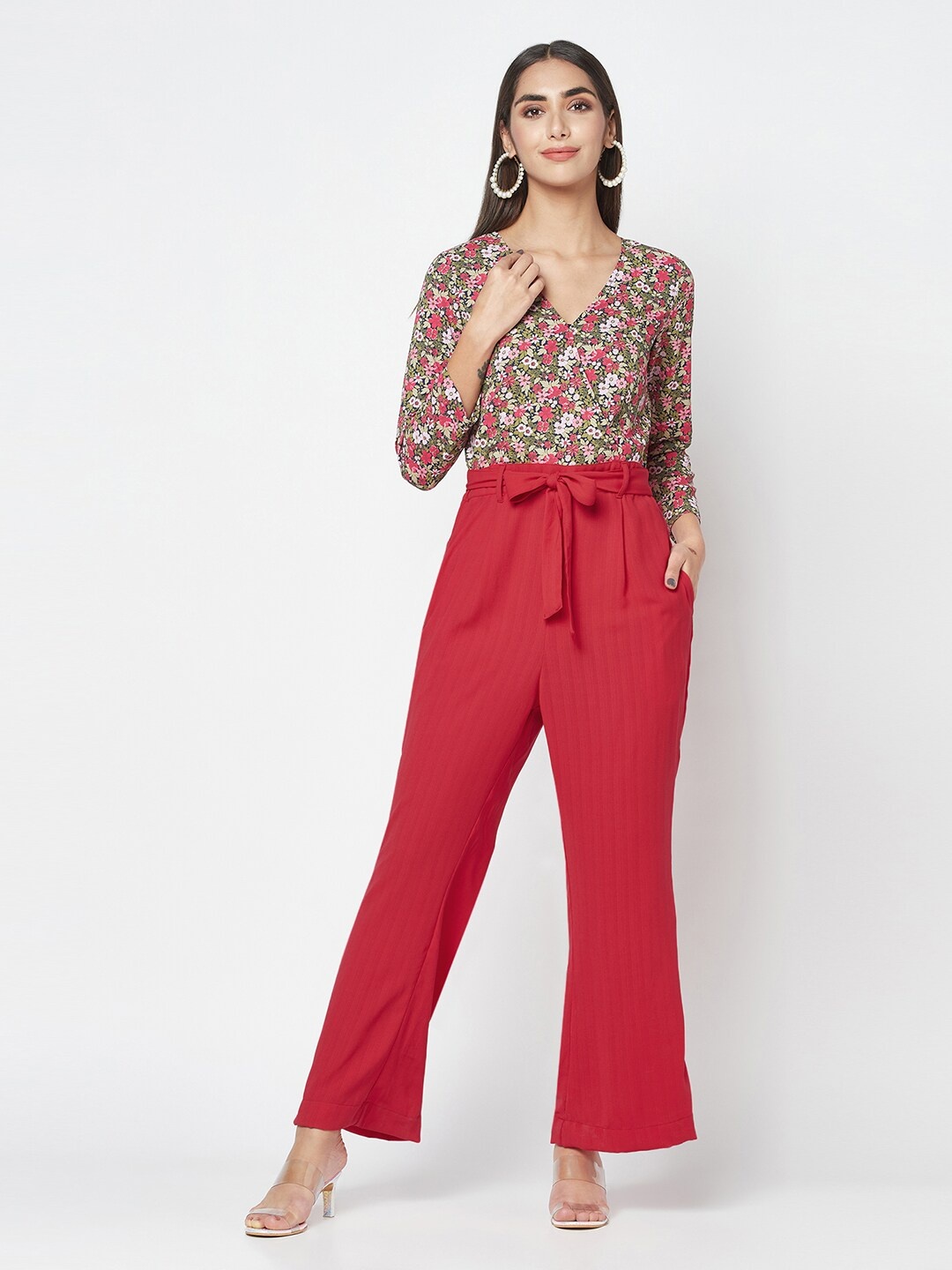 

SQew Printed V-Neck Basic Jumpsuit, Red