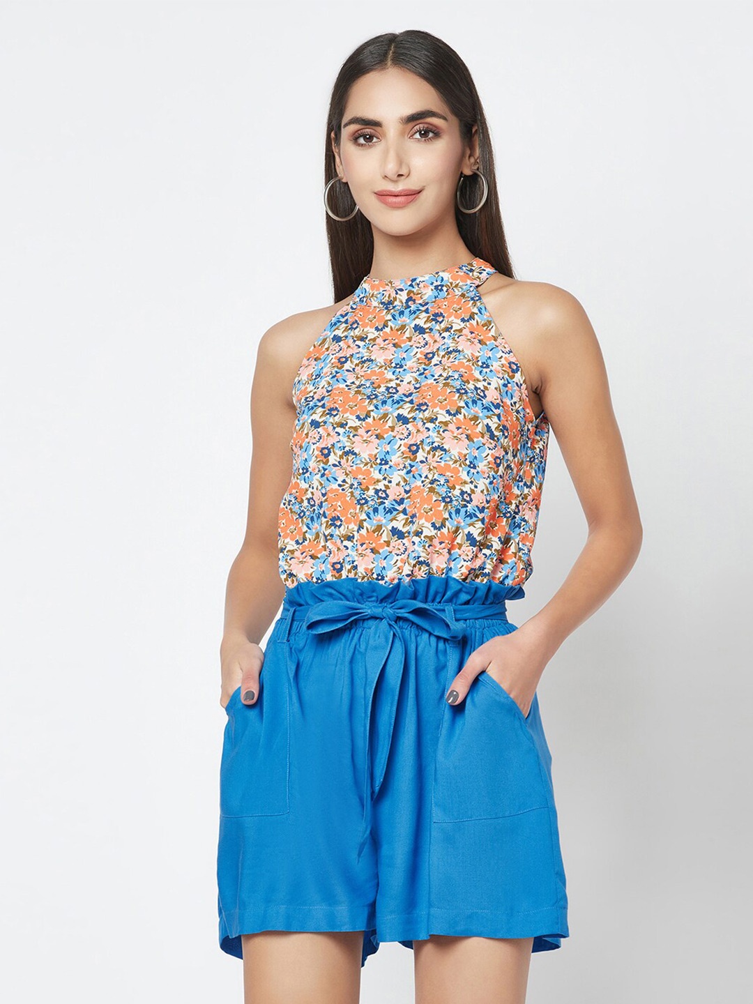 

SQew Women Round Neck Printed Playsuit, Blue