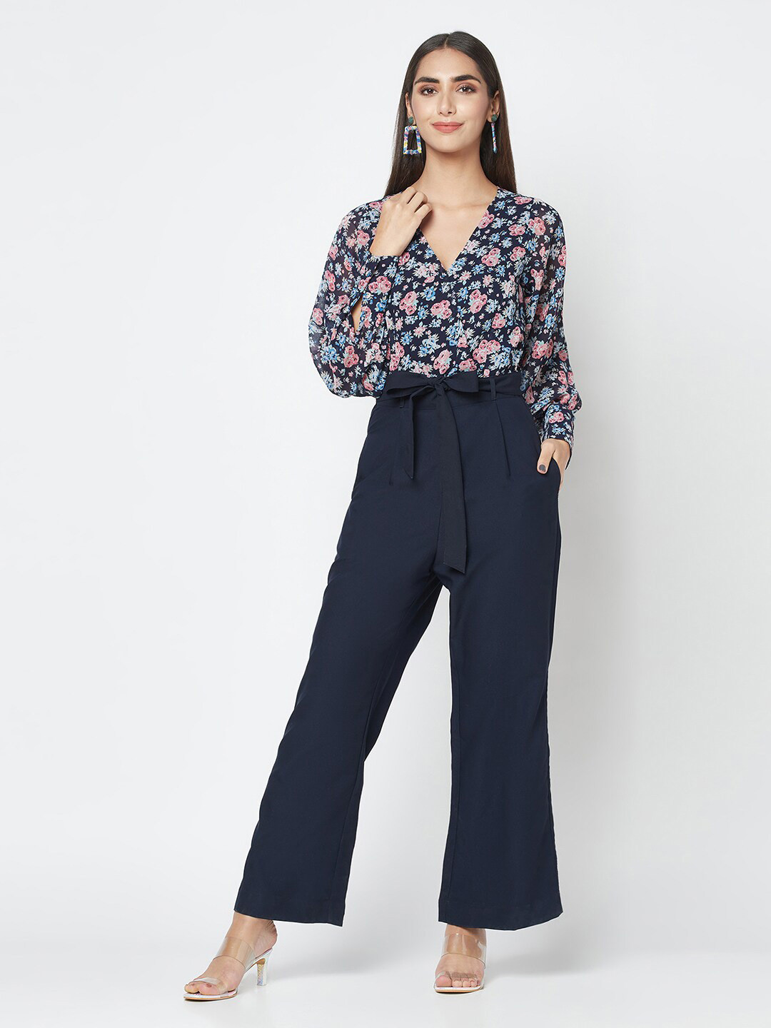 

SQew Women Printed V-Neck Basic Jumpsuit, Blue
