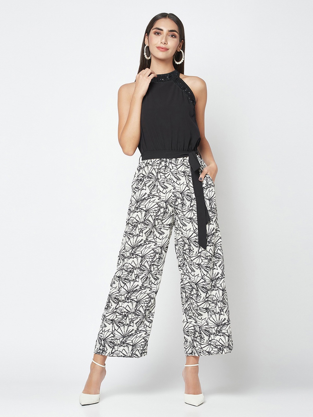 

SQew Round Neck Printed Basic Jumpsuit, Black