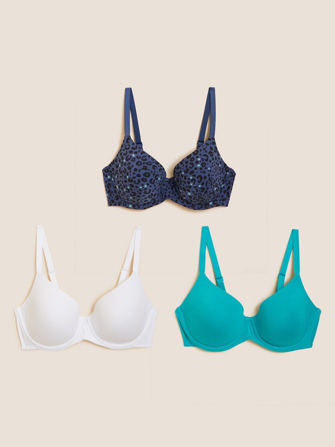 

Marks & Spencer Pack of 3 Underwired Lightly Padded Cotton T-Shirt Bra, Navy blue